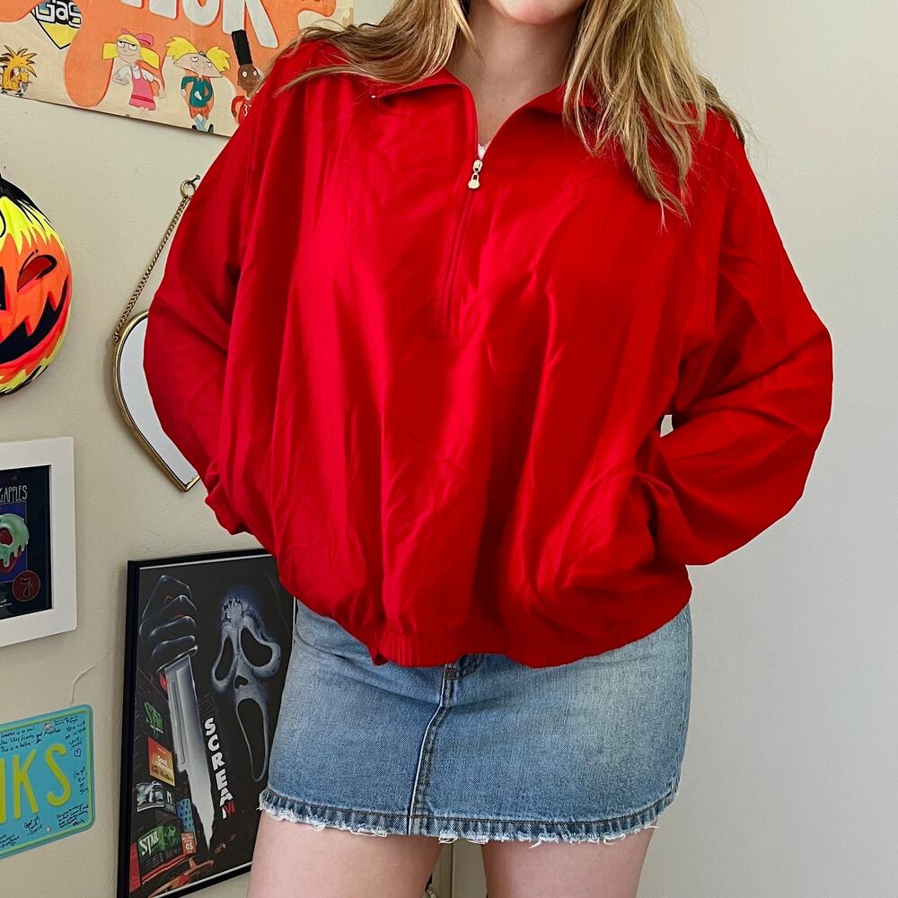 Vintage 1980s Bette & Court Coach Jacket Size Large XL Red Half Zip Sweatshirt